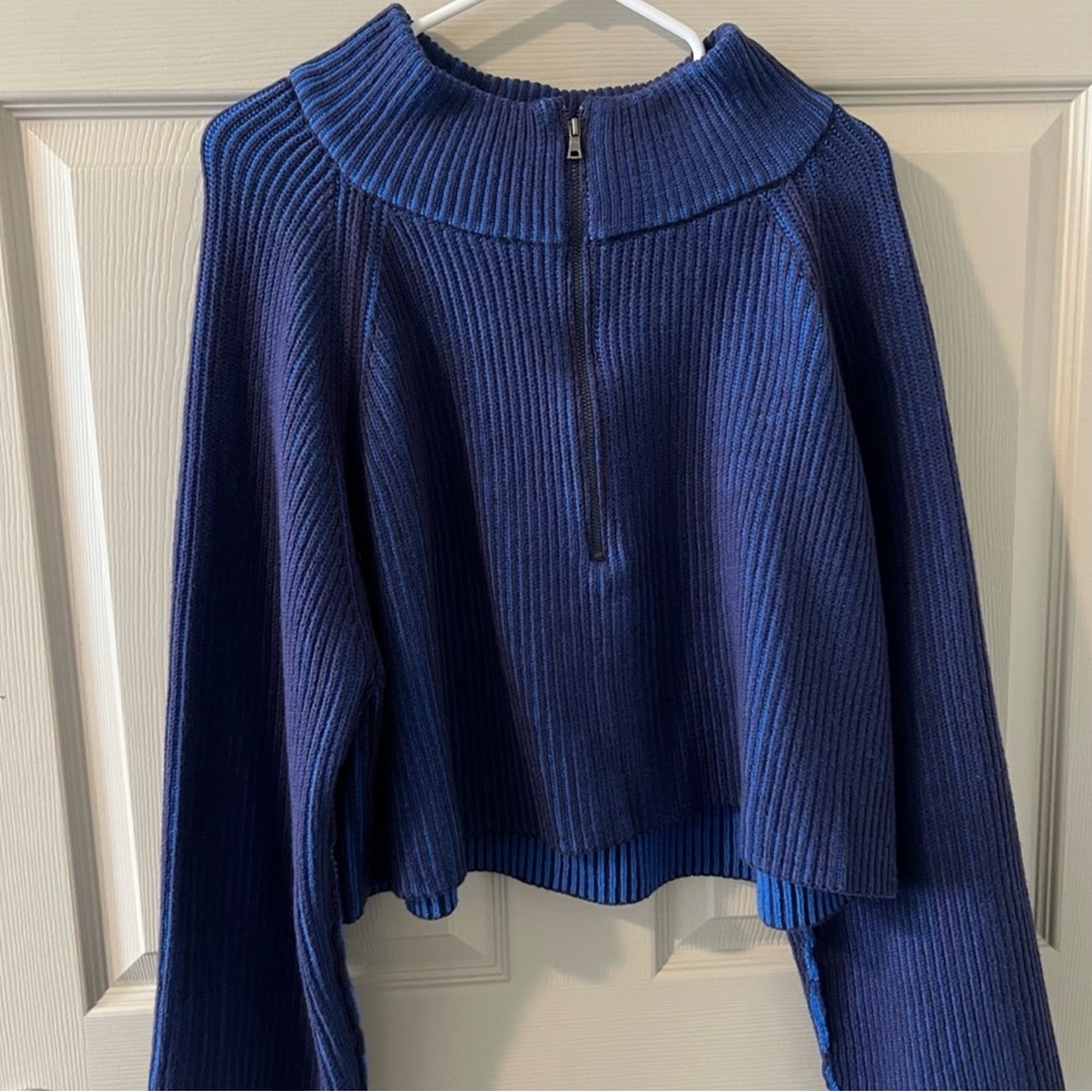 free people half zip Blue Ribbed Women's Sweater